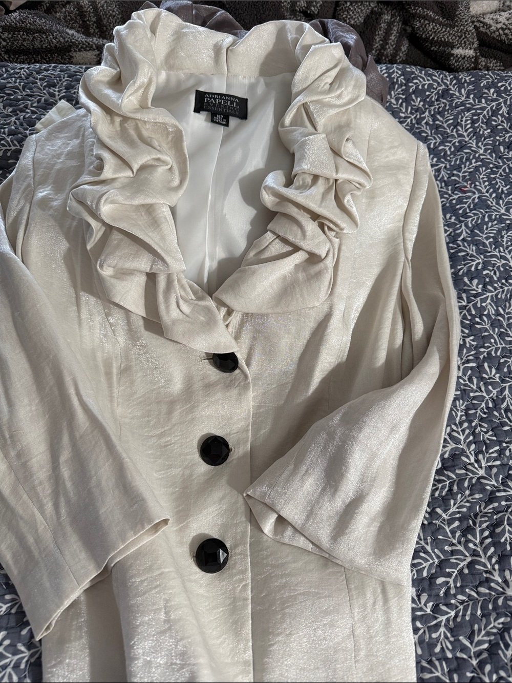 Adrianna Papell Shimmery Cream Ruffle-Collar Blazer with Black Buttons
